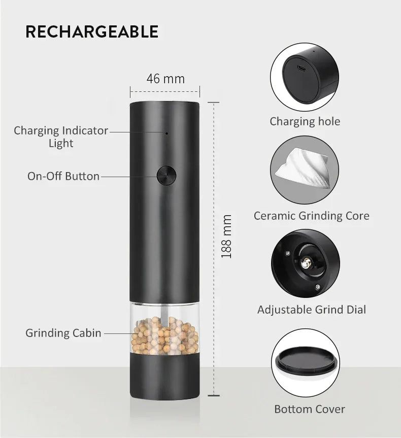 USB Rechargeable Electric Salt and Pepper Grinder – Adjustable Coarseness, Large Capacity Auto Spice Mill for Kitchen Cooking