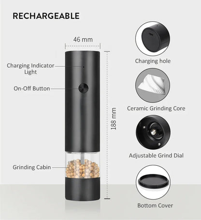 USB Rechargeable Electric Salt and Pepper Grinder – Adjustable Coarseness, Large Capacity Auto Spice Mill for Kitchen Cooking