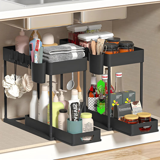 2-Pack Modular Under Sink Shelves - Adjustable Steel Organizer ✔Epoxy-Coated & Rustproof (Cabinet Closet Storage)