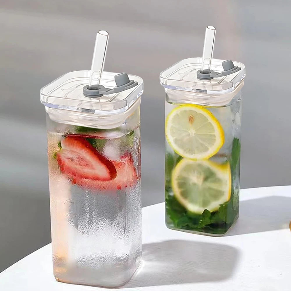 2Pcs Transparent Square Glass Cup with Lid and Straw Creative Hot and Cold Drink Glass Cup