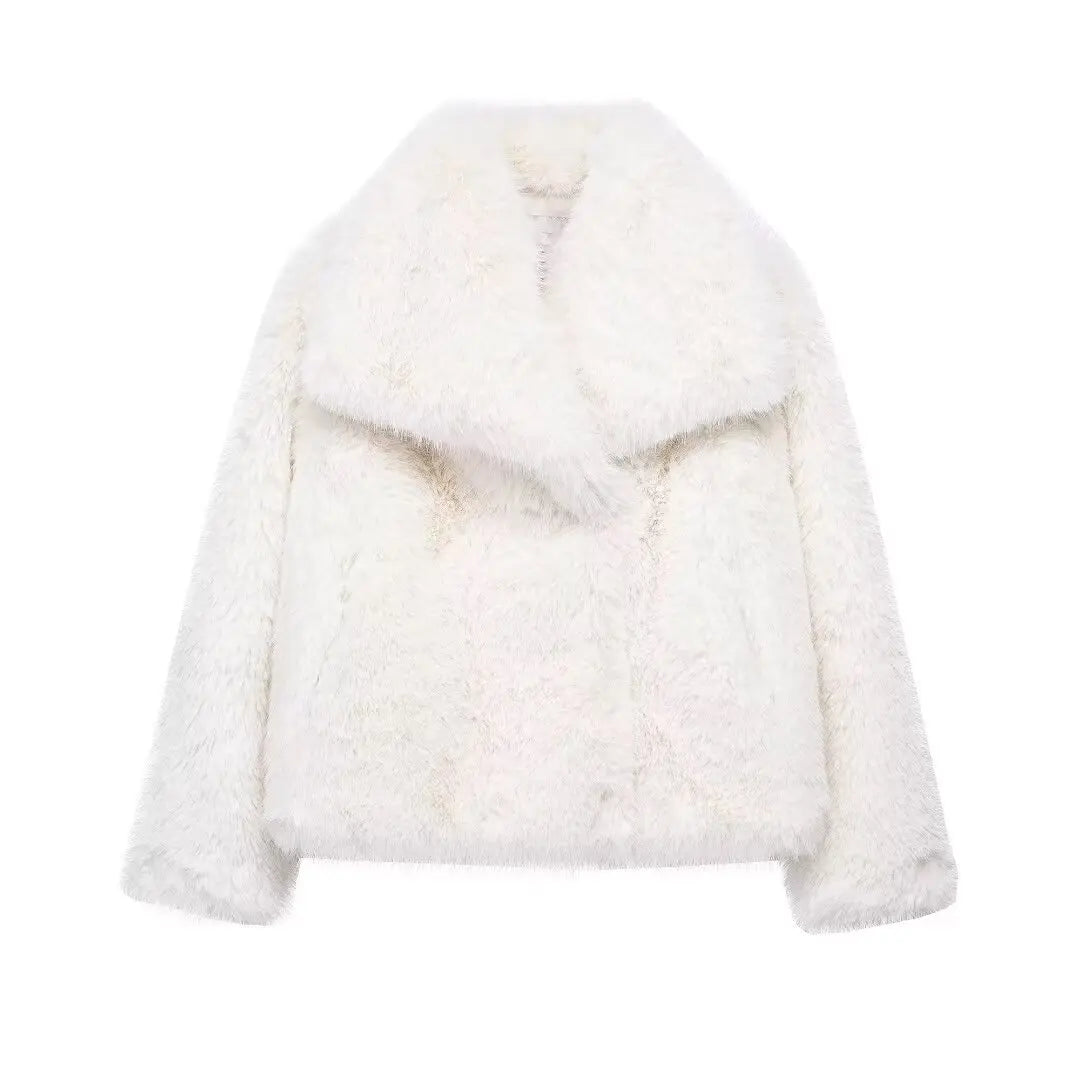 Women Cropped Faux Fur Jacket Coat Long Sleeve Front Snap-button Collar Thick Coat Outerwear