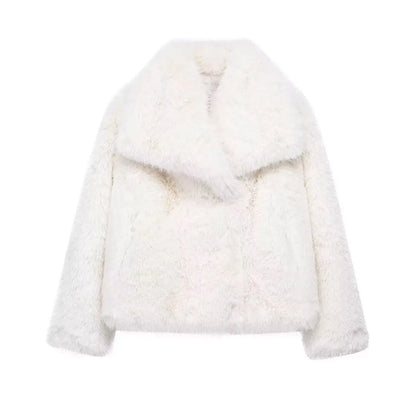 Women Cropped Faux Fur Jacket Coat Long Sleeve Front Snap-button Collar Thick Coat Outerwear