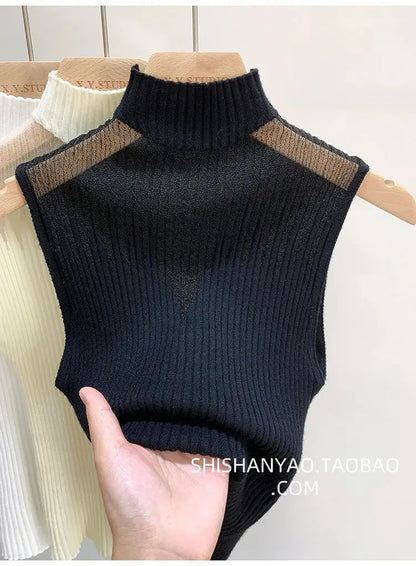 Mesh Knitted Tank Top Women – Y2K Half Neck Sleeveless Vest, Cut Out Streetwear, Solid Skinny Tube Top