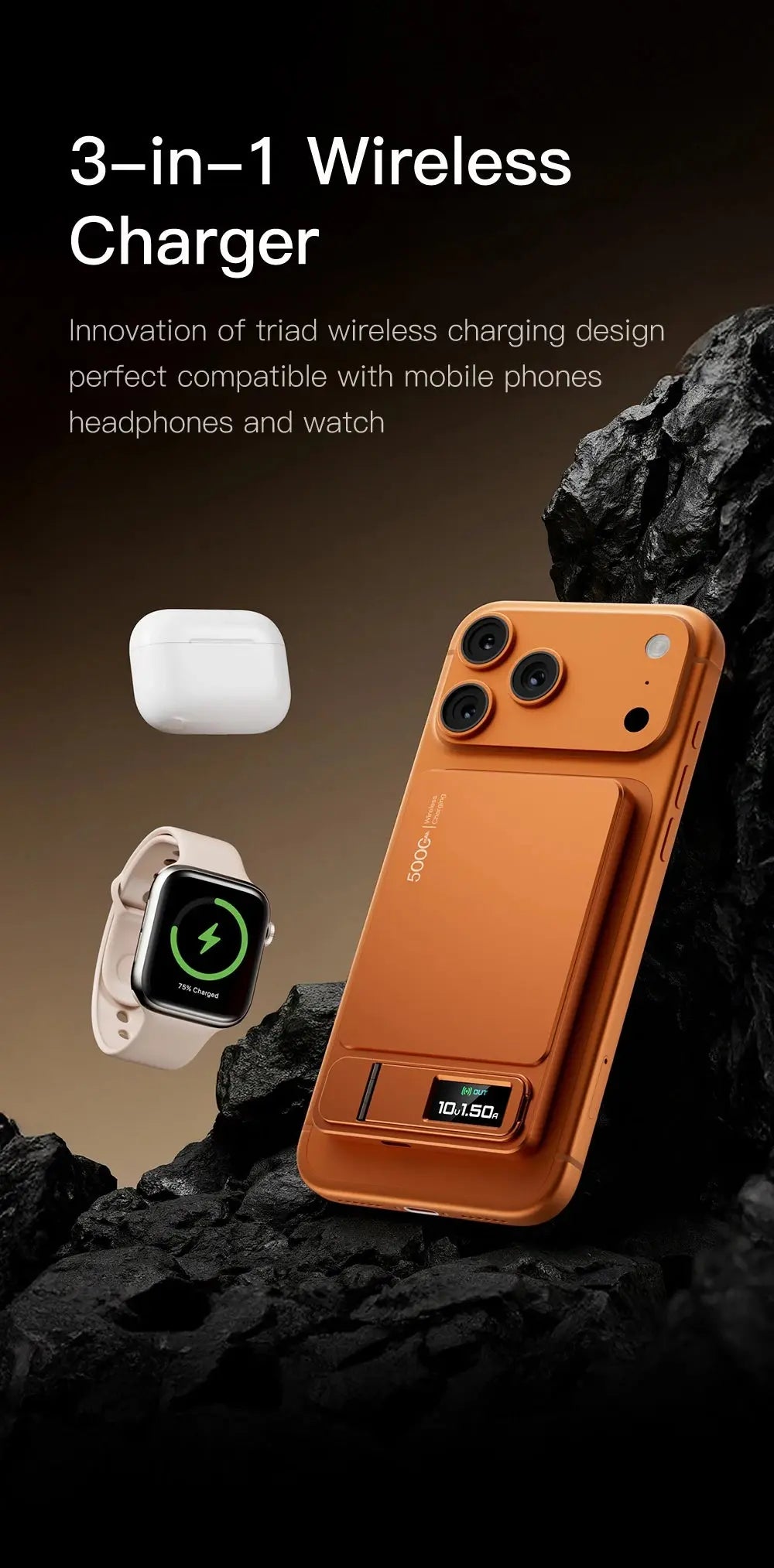 3-in-1 wireless charger with smartphone, headphones, and smartwatch on a dark background