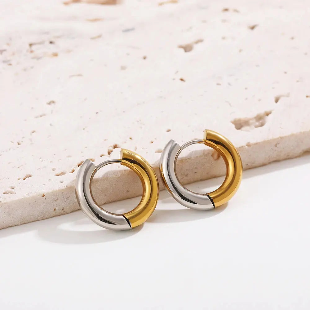 Gold Plated Double Colour Huggie Earrings – Stainless Steel Silver & Gold Hoops for Women, Punk Jewellery Ring Earrings - Rehmiar