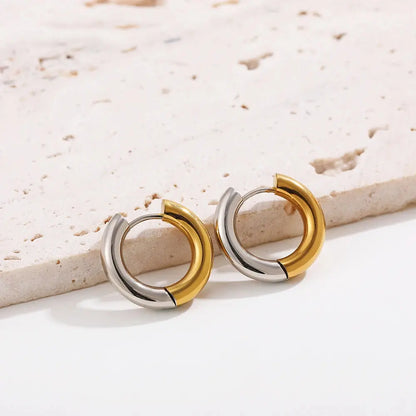 Gold Plated Double Colour Huggie Earrings – Stainless Steel Silver & Gold Hoops for Women, Punk Jewellery Ring Earrings - Rehmiar