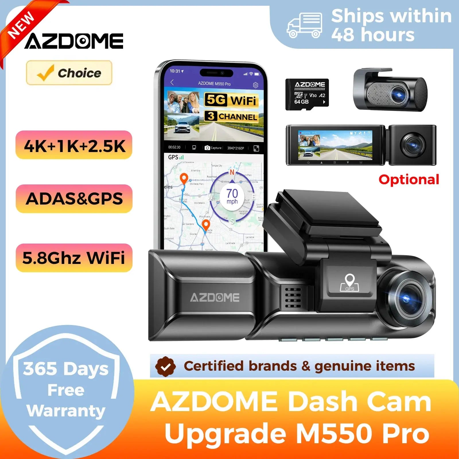 AZDOME M550 Pro 3-Channel 4K Dash Cam with GPS & 5.8GHz Wi-Fi Night Vision - Rehmiar