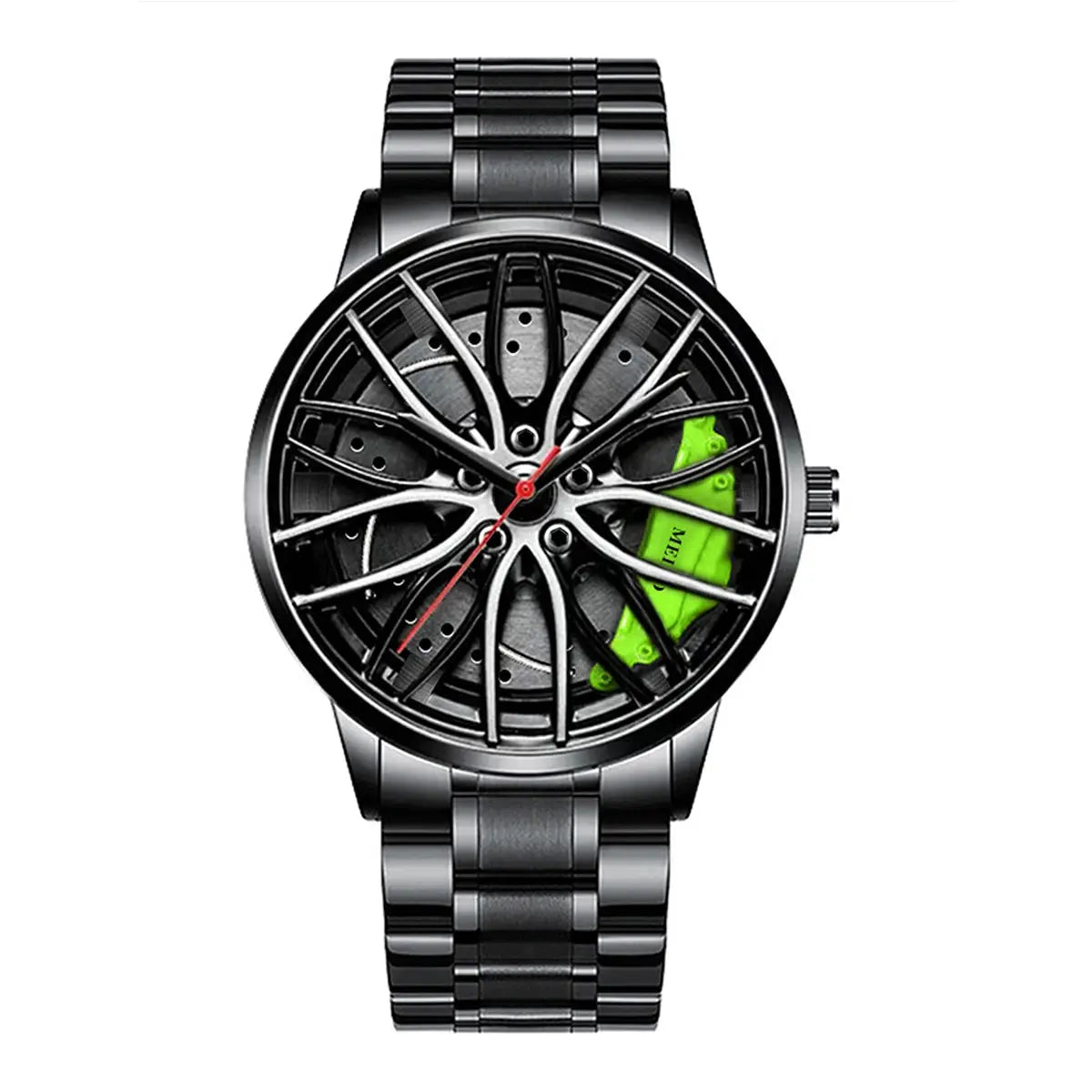 Men’s Sports Quartz Watch with Stainless Steel Band & 3D Car Wheel Design - Rehmiar