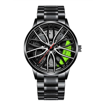 Men’s Sports Quartz Watch with Stainless Steel Band & 3D Car Wheel Design - Rehmiar