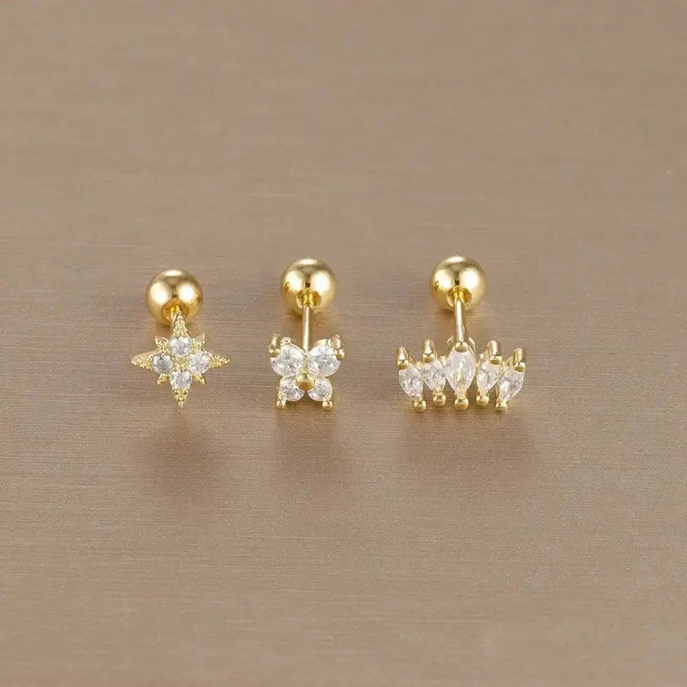 3PCS Stainless Steel Gold Colour Crown Stud Earring Set for Women 14K Gold Plated Crystal Zircon Unique Horse Eye Earring Jewellery