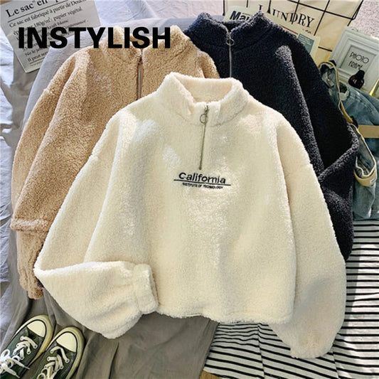 Women Stand Neck Fleece Cropped Autumn Hoodies Letter Embroidery Long Sleeve Drawstring Sweatshirt Elegant Plush Velvet Tops