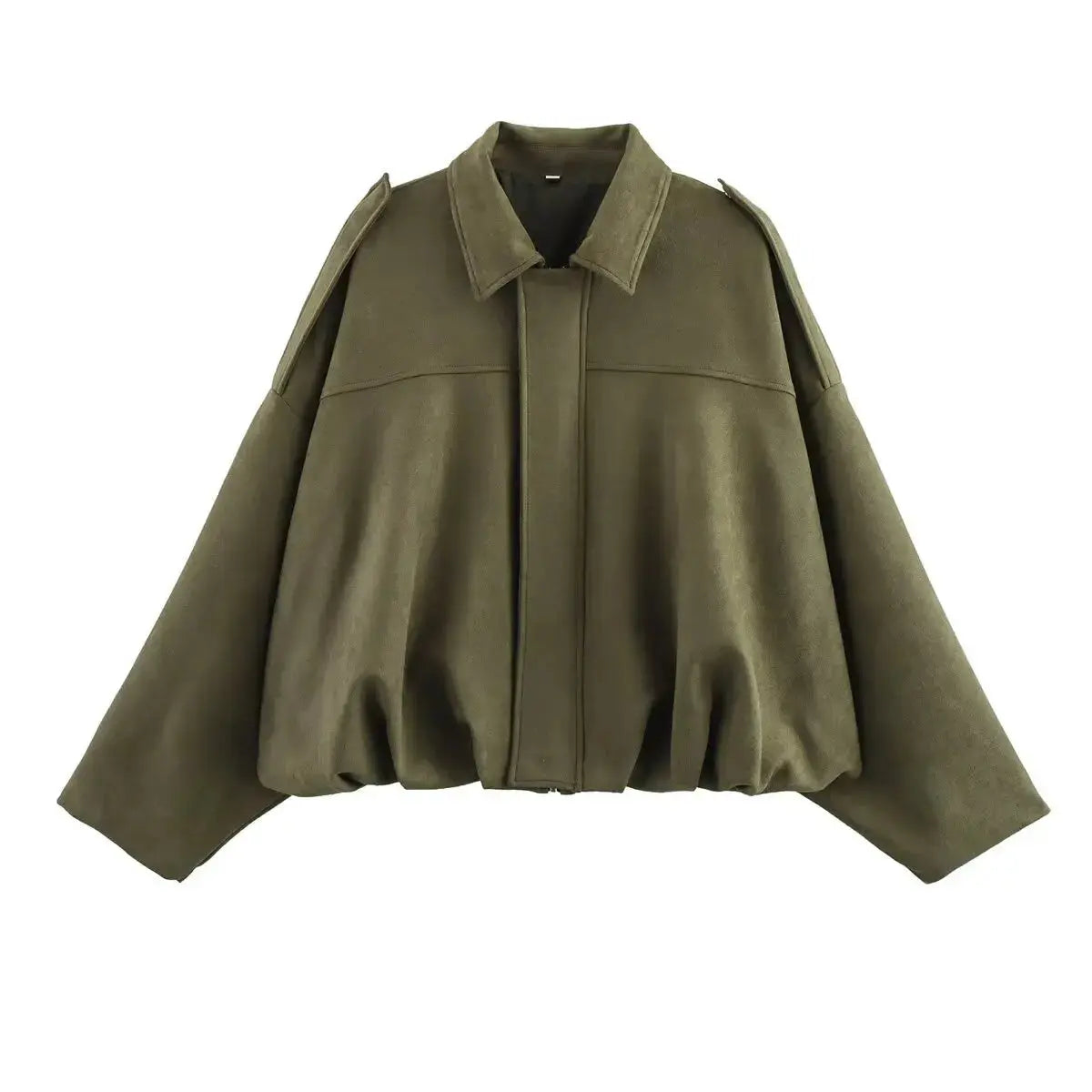 Women's Suede Bomber Jacket – Long Sleeve Zipper Oversize Solid Coat, Chic Streetwear - Rehmiar