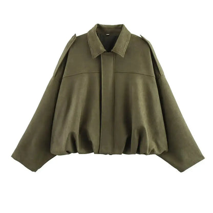 Women's Suede Bomber Jacket – Long Sleeve Zipper Oversize Solid Coat, Chic Streetwear - Rehmiar