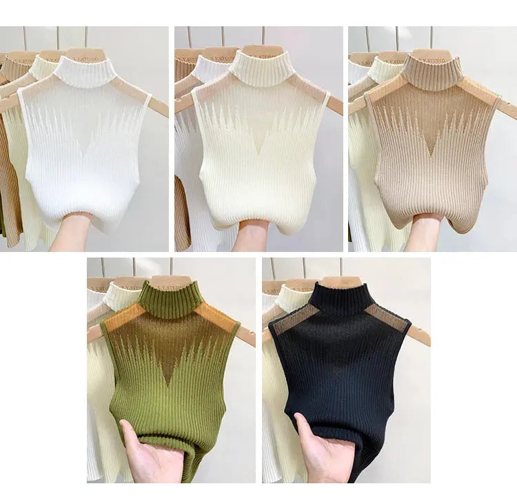 Mesh Knitted Tank Top Women – Y2K Half Neck Sleeveless Vest, Cut Out Streetwear, Solid Skinny Tube Top