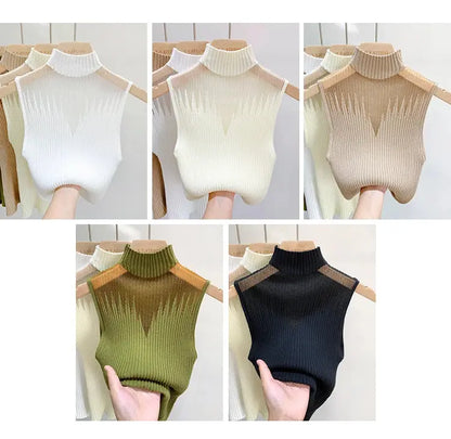 Mesh Knitted Tank Top Women – Y2K Half Neck Sleeveless Vest, Cut Out Streetwear, Solid Skinny Tube Top