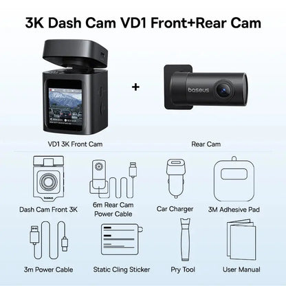 Baseus VD1 3K Dash Cam Front and Rear GPS Supercapacitor Car DVR Camera Support 24H Parking - Rehmiar