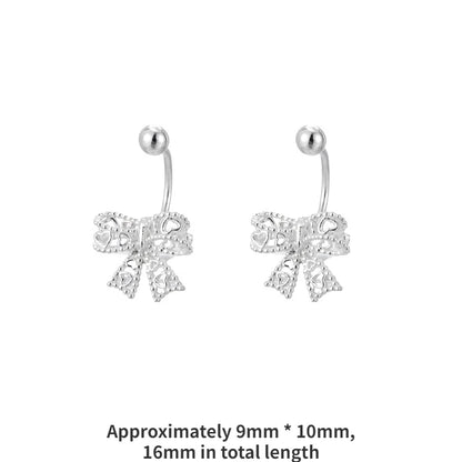Real 925 Sterling Silver Lace Heart Hollow Bow Screw Buckle Puncture Stud Earrings - Rehmiar