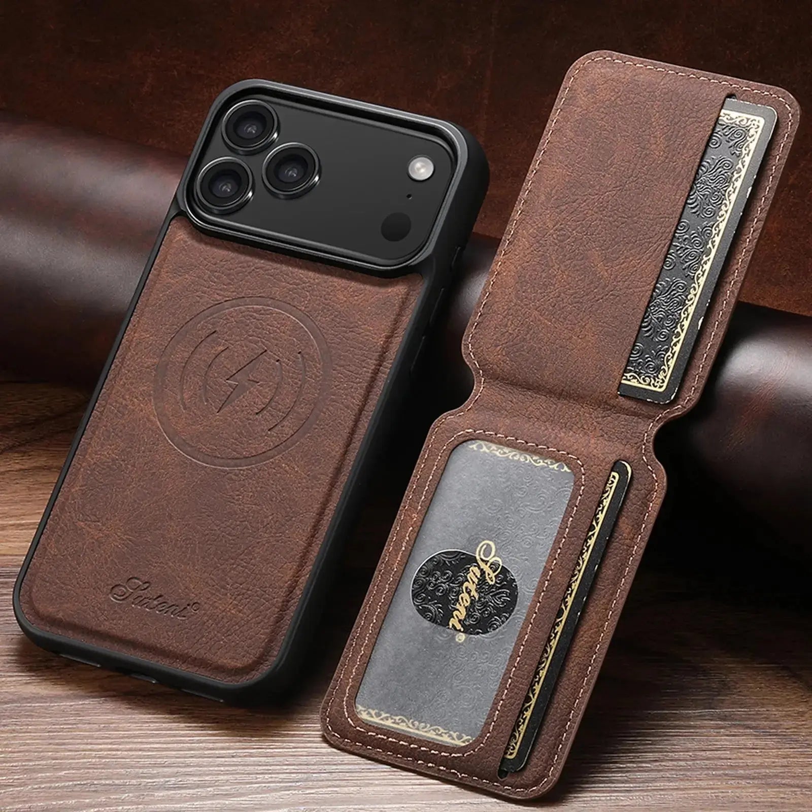 SUTENI Wireless Charging Phone Case Magnet Card Holder Stand Faux Leather For iPhone 17 Pro Max 16 Plus 15 14 13 12 - Rehmiar