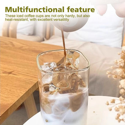 2Pcs Transparent Square Glass Cup with Lid and Straw Creative Hot and Cold Drink Glass Cup - Rehmiar