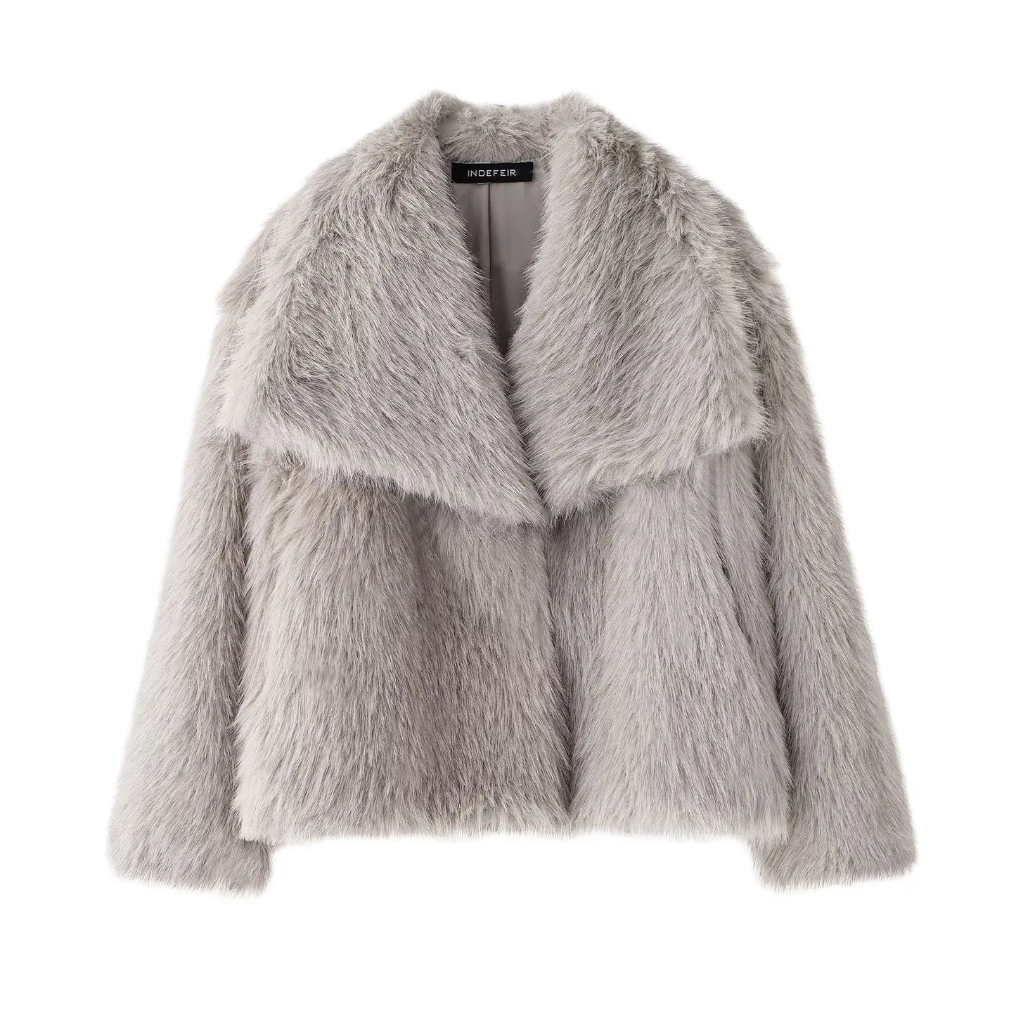 Women Cropped Faux Fur Jacket Coat Long Sleeve Front Snap-button Collar Thick Coat Outerwear