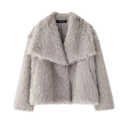 Women Cropped Faux Fur Jacket Coat Long Sleeve Front Snap-button Collar Thick Coat Outerwear