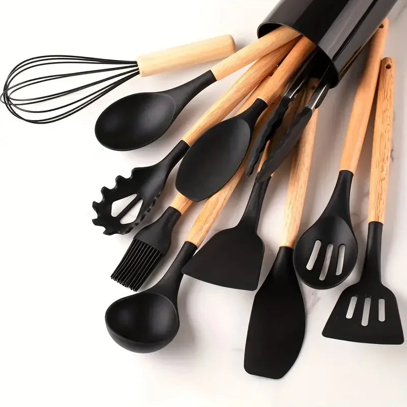 12pcs Set of Multi-color Silicone Wooden Handle Kitchenware Set Non Stick Pot Spatula and Spoon Cooking Utensils, Heat-resistant Rehmiar
