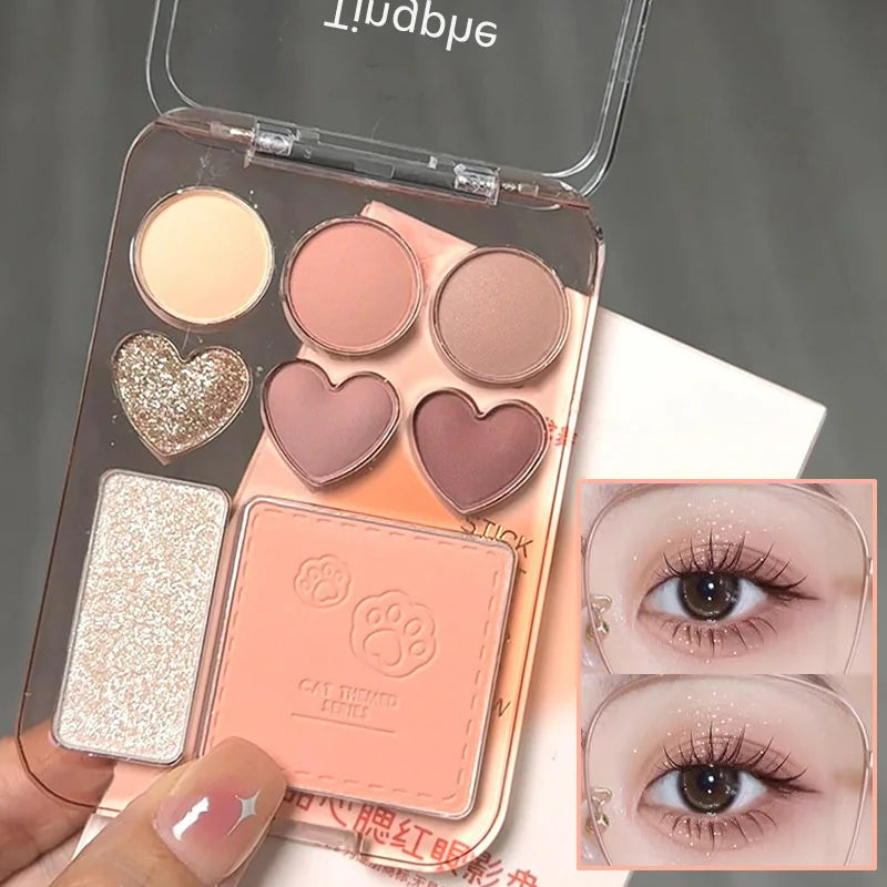 8-color Pearl Glitter Matte Peach Pink Blusher Highlight Eye Shadow All-in-one Plate Korean Makeup Pink Orange Eyeshadow