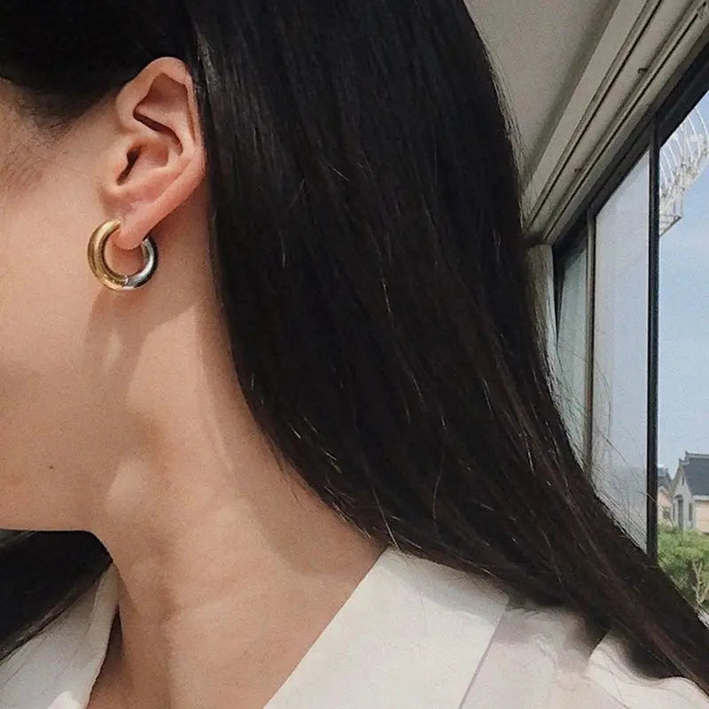 Gold Plated Double Colour Huggie Earrings – Stainless Steel Silver & Gold Hoops for Women, Punk Jewellery Ring Earrings - Rehmiar