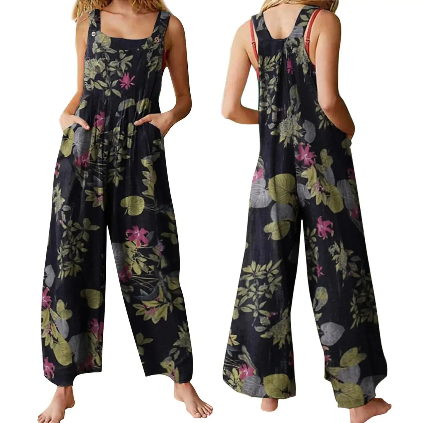 Combhasaki Women’s Cotton Linen Floral Jumpsuit – Square Neck Sleeveless Loose Fit Overalls with Pockets (S–3XL) - Rehmiar