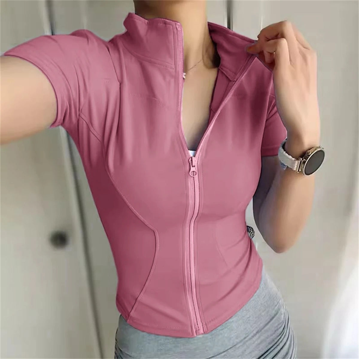 Summer Full Zipper Short Sleeves Slim Yoga Top with Stand Collar - Rehmiar