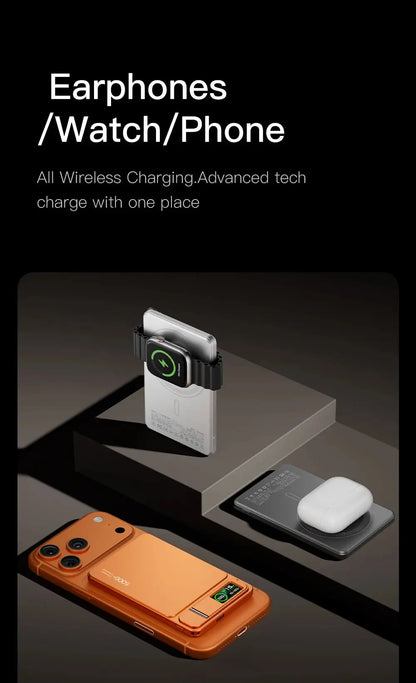 Orange phone case, white wireless charger, and black device on a dark surface