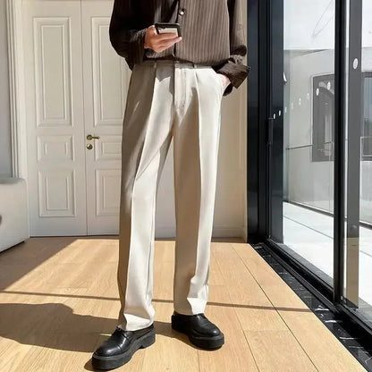 Men's Straight Pants – Korean Loose Fit Casual Draped Baggy Wide Leg Trousers, White Streetwear