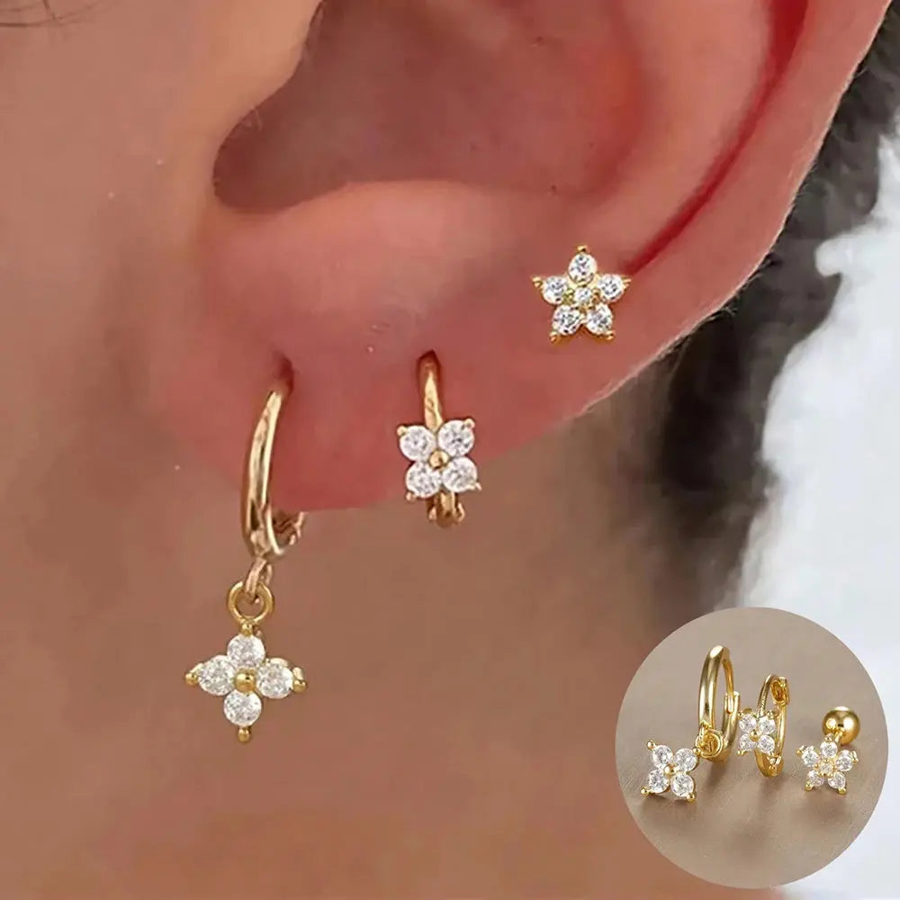 3PCS Stainless Steel Gold Colour Crown Stud Earring Set for Women 14K Gold Plated Crystal Zircon Unique Horse Eye Earring Jewellery