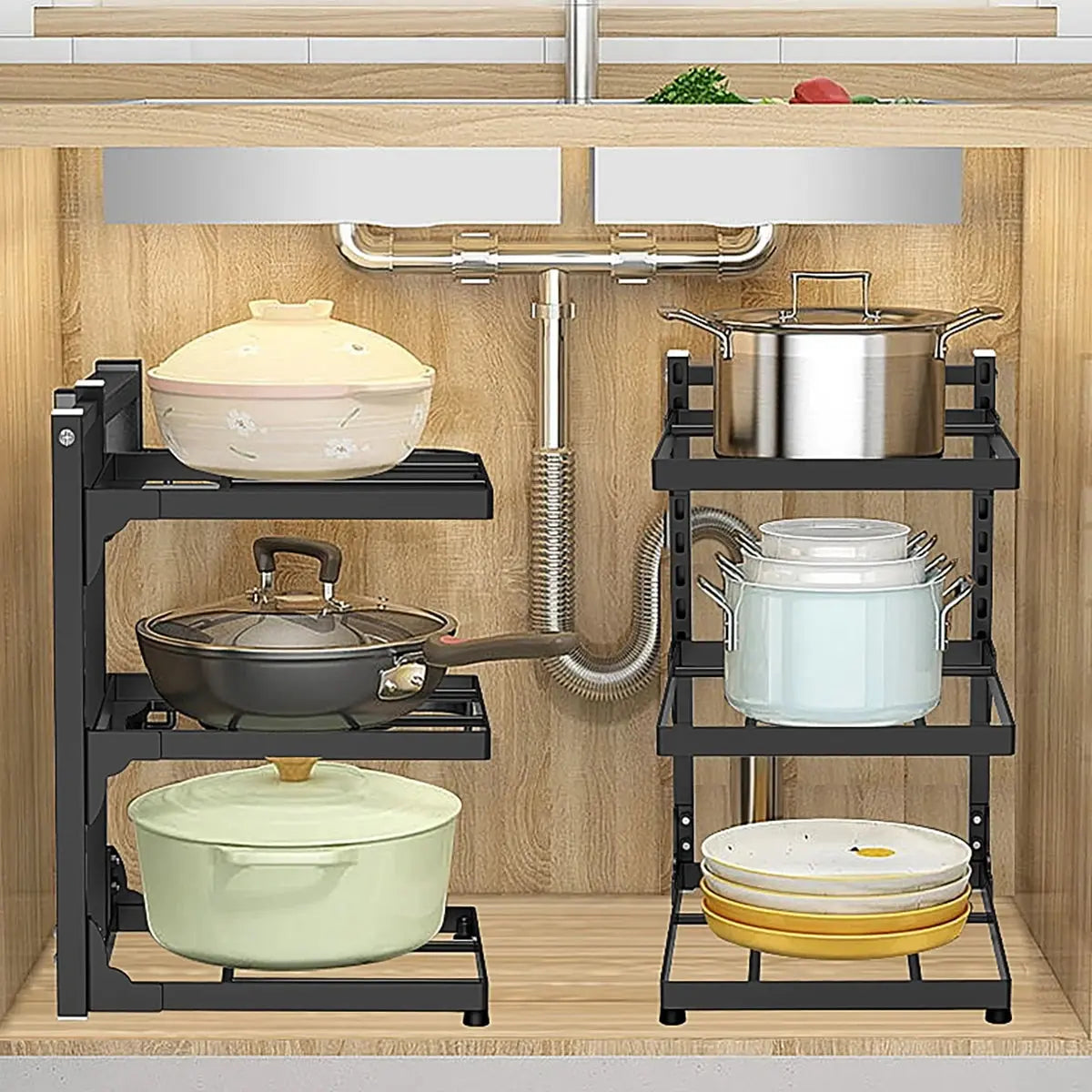 Adjustable Kitchen Shelf – 2-4 Tier Space-Saving Storage Rack for Pots, Under Sink & Corner Use - Rehmiar