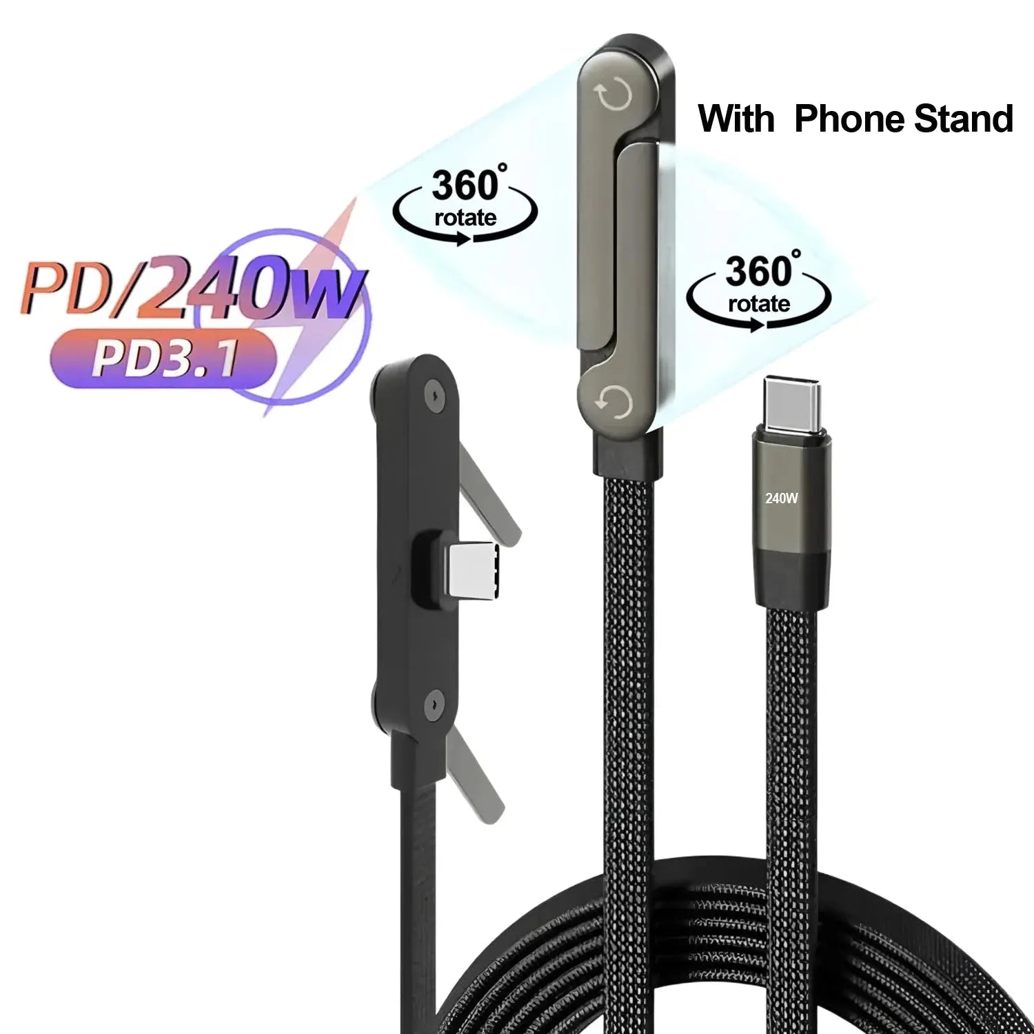 2-in-1 240W Fast Charging Foldable Bracket Cable – Type-C to Type-C & USB to Type-C with OTG Phone Stand - Rehmiar