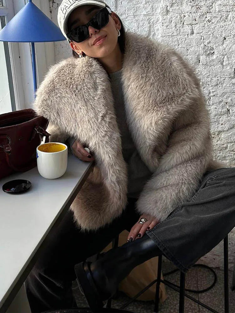 Women Cropped Faux Fur Jacket Coat Long Sleeve Front Snap-button Collar Thick Coat Outerwear