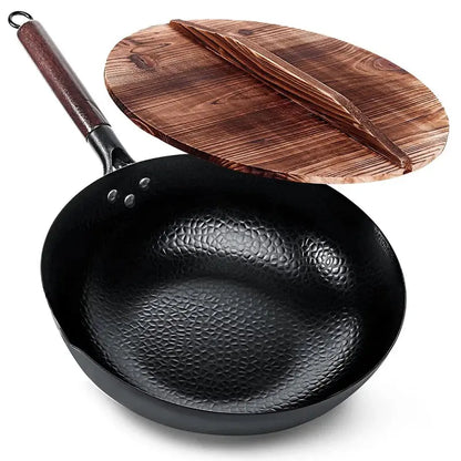 32cm Carbon Steel Wok Pan – Non-Stick Flat Bottom Stir Fry Wok with Wooden Lid for Electric Induction and Gas Stove - Rehmiar