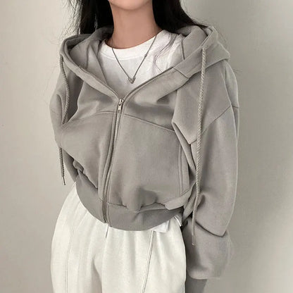 Casual Hood Sweatshirt Women Zip Up Hoodies Solid Long Sleeve Shirt Oversized Crop Top