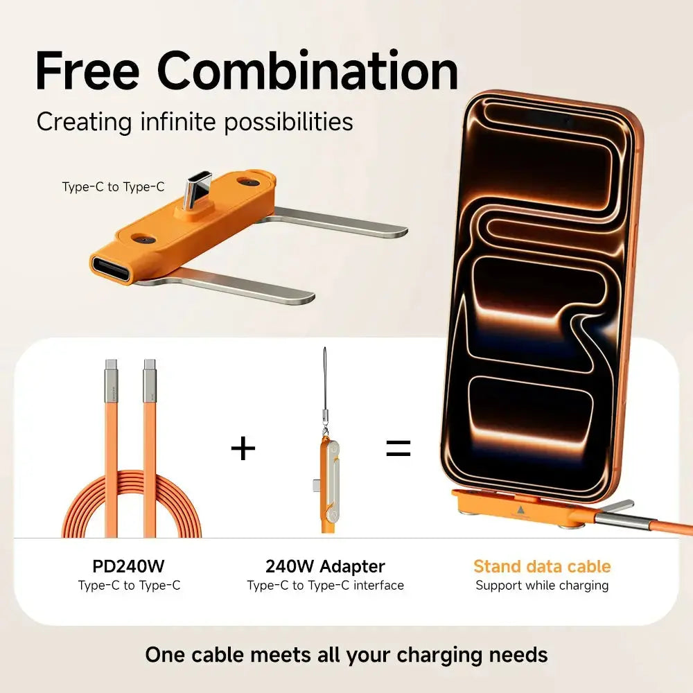 240W 2-in-1 Fast Charging Cable with Foldable Bracket – Type-C to Type-C Data Wire & Phone/Tablet Stand (Black/Orange) Rehmiar