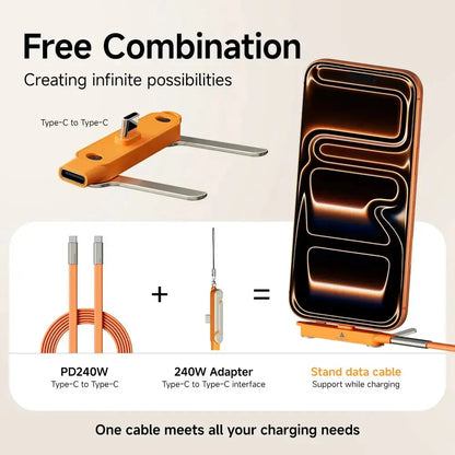 240W 2-in-1 Fast Charging Cable with Foldable Bracket – Type-C to Type-C Data Wire & Phone/Tablet Stand (Black/Orange) Rehmiar