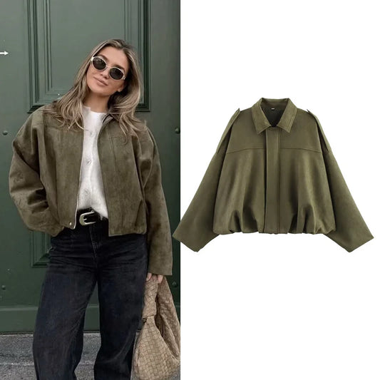 Women's Bomber Jacket Coats Turn-down Collar Long Sleeve Loose Coats Vintage Female Outerwear