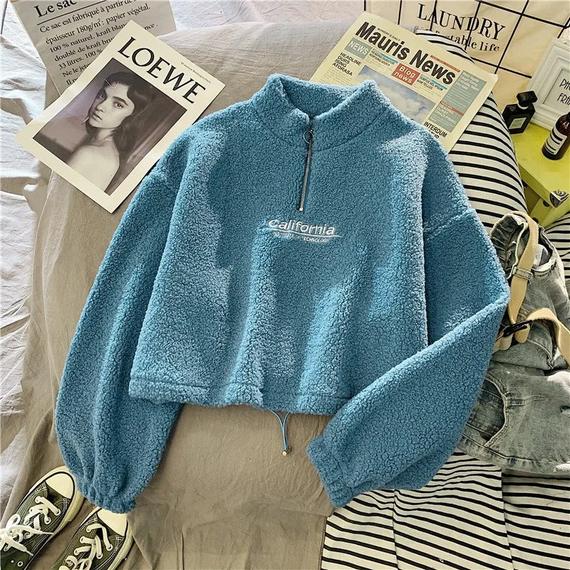 Women Stand Neck Fleece Cropped Autumn Hoodies Letter Embroidery Long Sleeve Drawstring Sweatshirt Elegant Plush Velvet Tops
