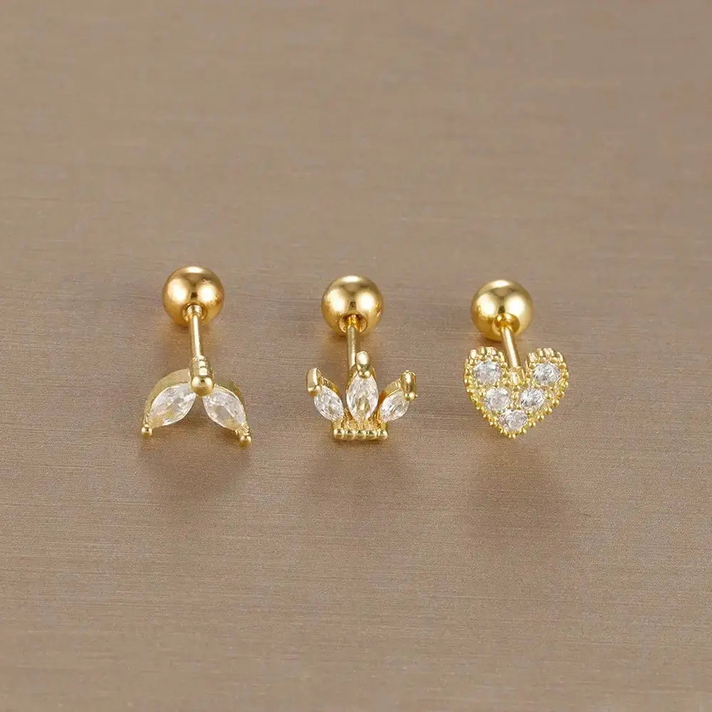 3PCS Stainless Steel Gold Colour Crown Stud Earring Set for Women 14K Gold Plated Crystal Zircon Unique Horse Eye Earring Jewellery
