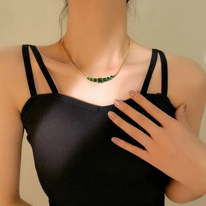 DIEYURO Stainless Steel Crystal Zircon Necklace – Green & White Luxury Snake Flat Chain for Women, Wedding Gift Rehmiar