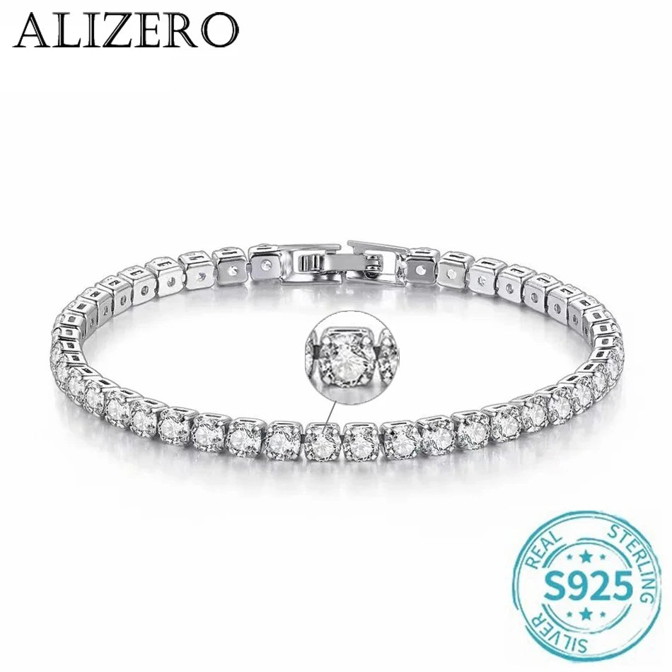 ALIZERO S925 Sterling Silver Bracelet – Zirconia Tennis Ball Charm, Simple Wedding Engagement Jewellery for Women, 4mm 16-23cm