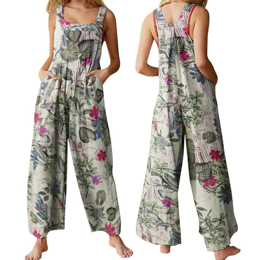 Combhasaki Women’s Cotton Linen Floral Jumpsuit – Square Neck Sleeveless Loose Fit Overalls with Pockets (S–3XL) - Rehmiar