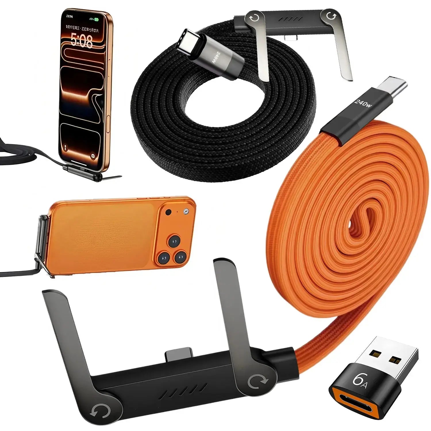 2-in-1 240W Fast Charging Foldable Bracket Cable – Type-C to Type-C & USB to Type-C with OTG Phone Stand - Rehmiar