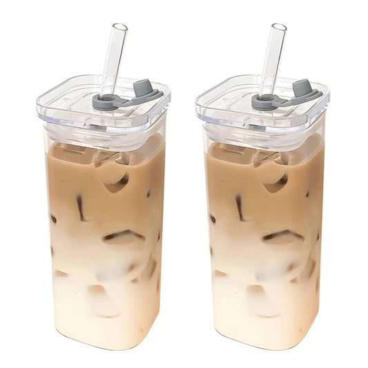 2Pcs Transparent Square Glass Cup with Lid and Straw Creative Hot and Cold Drink Glass Cup