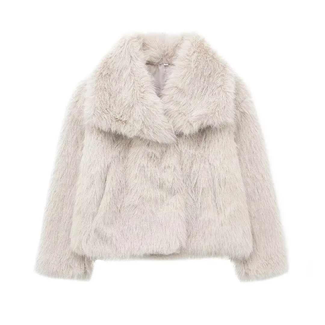 Women Cropped Faux Fur Jacket Coat Long Sleeve Front Snap-button Collar Thick Coat Outerwear