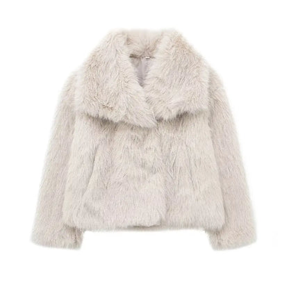 Women Cropped Faux Fur Jacket Coat Long Sleeve Front Snap-button Collar Thick Coat Outerwear